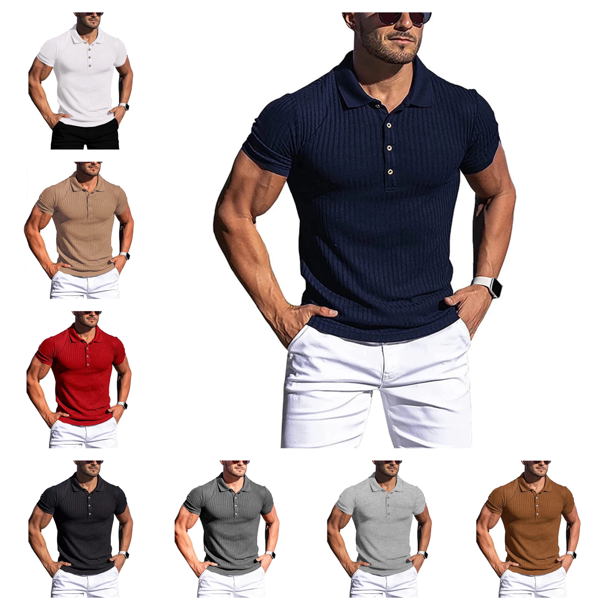 Polo de manga corta para hombre, camisas elásticas de Fitness a rayas sólidas, cuello levantado a la moda, novedad de verano