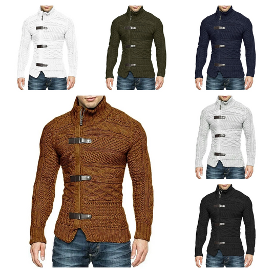 Suéteres para hombre, suéter de cuello alto para otoño e invierno, cárdigan de punto de manga larga con hebilla de cuero para hombre, abrigo de talla grande, ropa para hombre