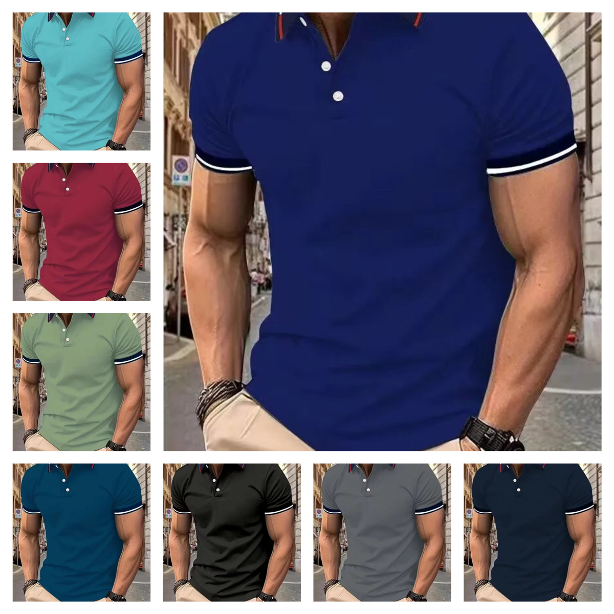 Polo de manga corta para hombre, camiseta de verano, solapa intercoloreada