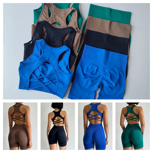 Conjunto de 2 piezas de yoga sin costuras para mujer, sujetador deportivo sexy + pantalones cortos deportivos de cintura alta, ropa de gimnasio, pantalones cortos sin mangas para fitness