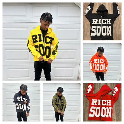 Sudadera con capucha estampada Street Rich Soon para hombre, sudadera con capucha y cremallera de manga larga