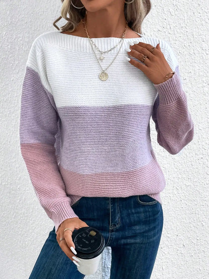 Jersey elegante de retazos de tres colores para mujer, jerséis holgados informales para uso diario, tops cálidos y gruesos de punto para otoño e invierno