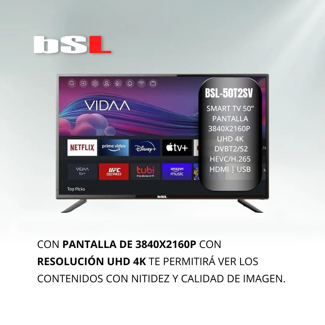 Smart TV 50 pulgadas VIDAA BSL-50T2SV | WiFi | RJ45 | Resolución UHD 3840X2160p | USB | DVBT2/S2/C | Compatible con Youtube, Netflix, Disney+, Dazn, prime | HDMI [clase de eficiencia energética E].