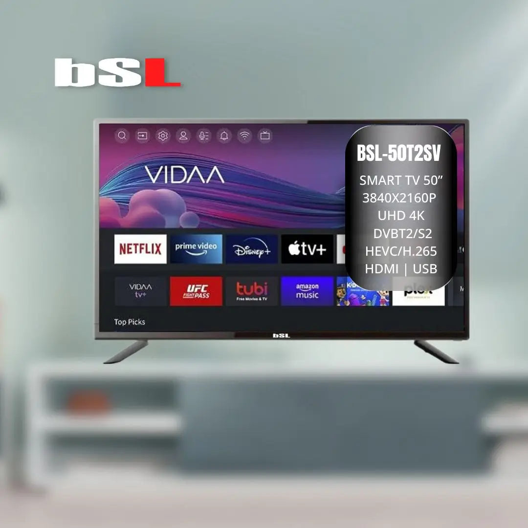 Smart TV 50 pulgadas VIDAA BSL-50T2SV | WiFi | RJ45 | Resolución UHD 3840X2160p | USB | DVBT2/S2/C | Compatible con Youtube, Netflix, Disney+, Dazn, prime | HDMI [clase de eficiencia energética E].