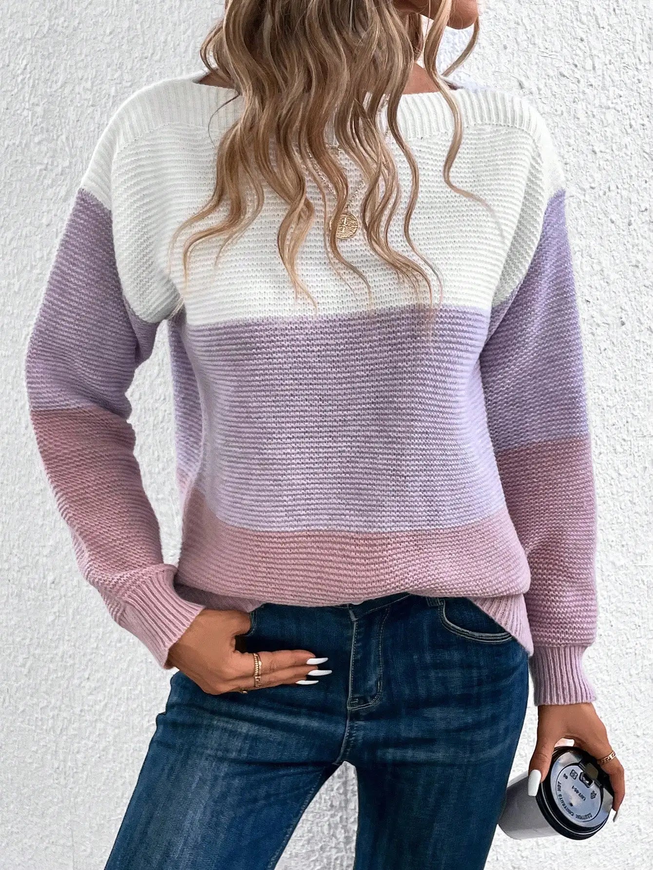 Jersey elegante de retazos de tres colores para mujer, jerséis holgados informales para uso diario, tops cálidos y gruesos de punto para otoño e invierno