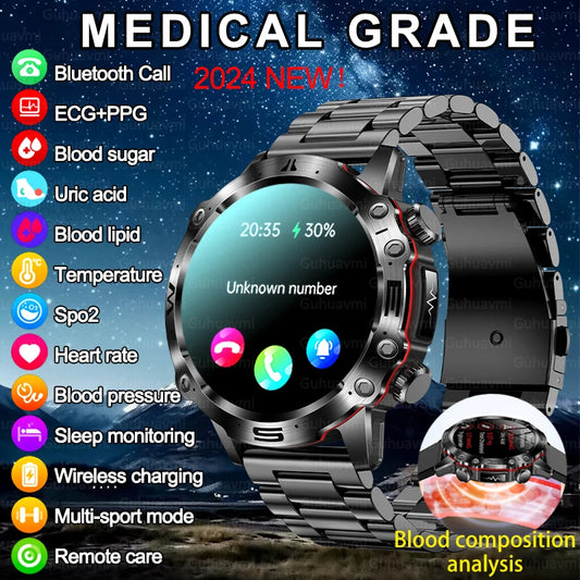 Smart Watch Bluetooth Call Blood Sugar Blood Lipid Uric Acid Monitor HRV ECG Smartwatch For Men Women