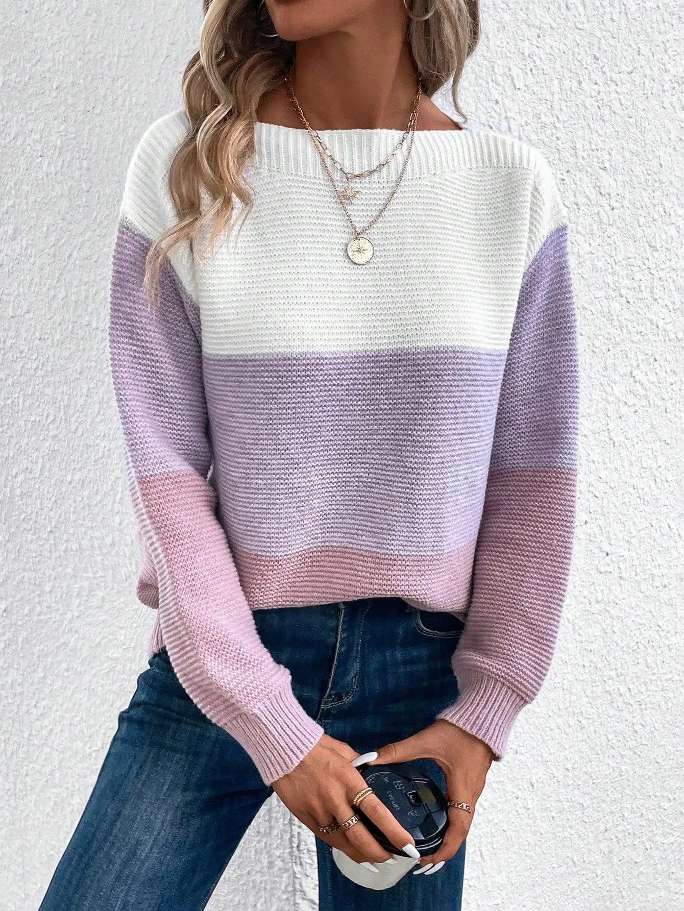 Jersey elegante de retazos de tres colores para mujer, jerséis holgados informales para uso diario, tops cálidos y gruesos de punto para otoño e invierno