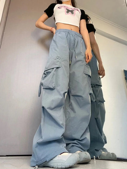 Pantalones Cargo para mujer, pantalón informal de cintura alta con bolsillos grandes, estilo Hip Hop, ropa de calle femenina, chándal holgado con cordón