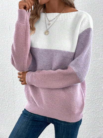 Jersey elegante de retazos de tres colores para mujer, jerséis holgados informales para uso diario, tops cálidos y gruesos de punto para otoño e invierno