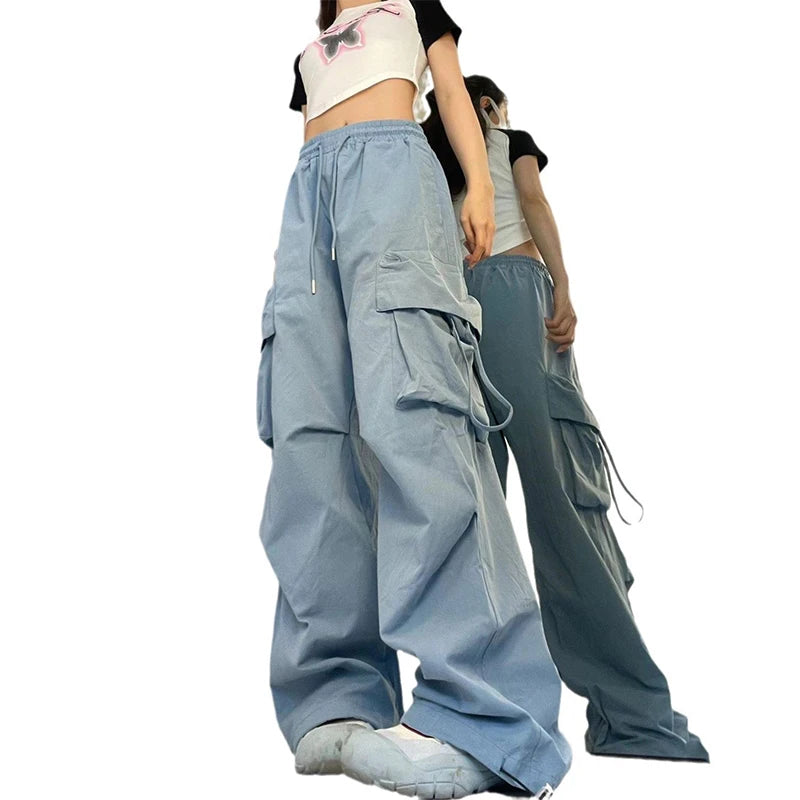 Pantalones Cargo para mujer, pantalón informal de cintura alta con bolsillos grandes, estilo Hip Hop, ropa de calle femenina, chándal holgado con cordón