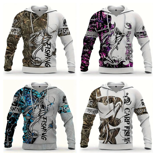 Sudadera con capucha con estampado floral 3D y patrón de pesca informal para hombre, sudadera con capucha de otoño/invierno sudadera con capucha de manga larga con estampado  para hombre