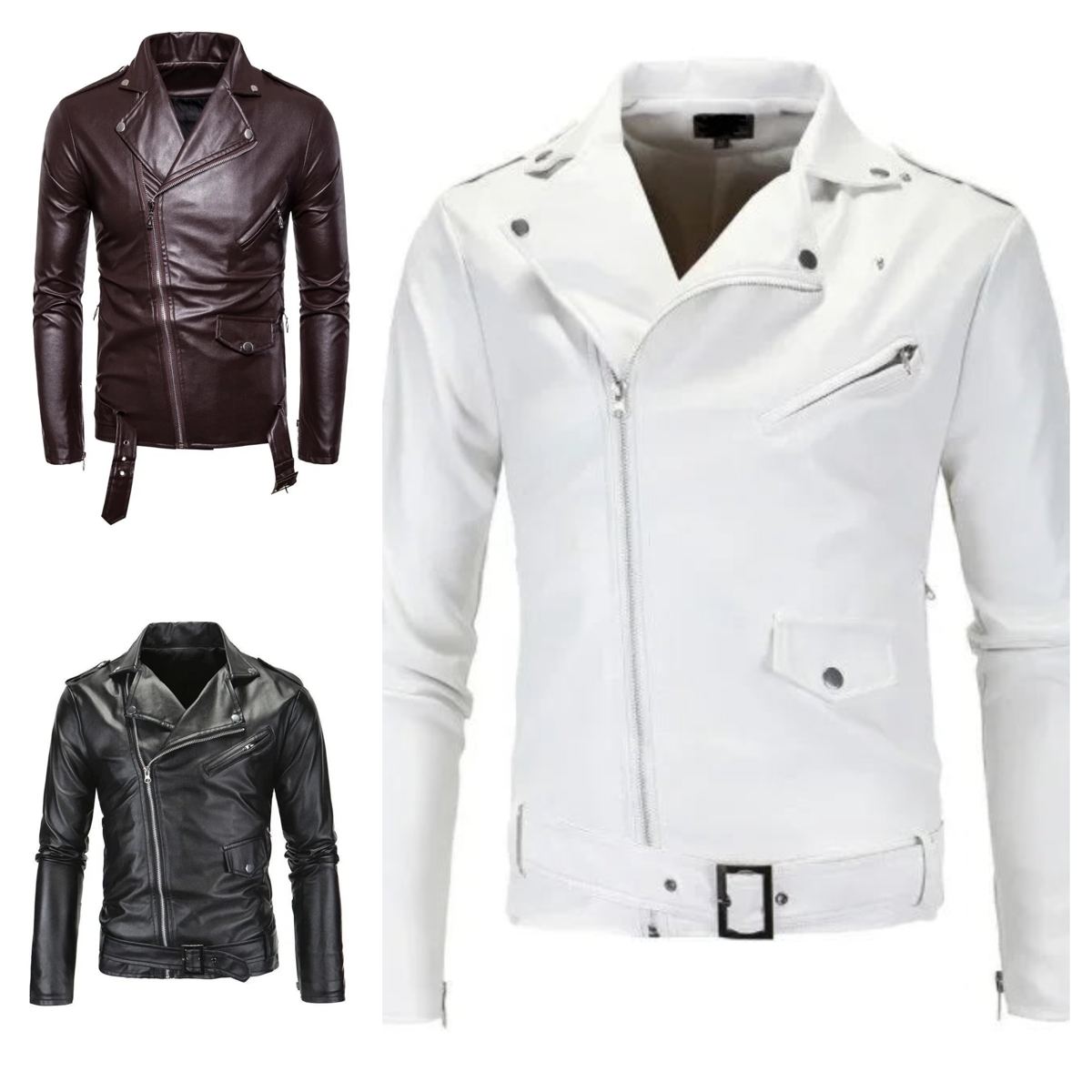 Chaquetas de cuero para hombre nuevas chaquetas de cuero PU para motocicleta con cremallera diagonal y solapa informal en blanco y negro, ropa para hombre