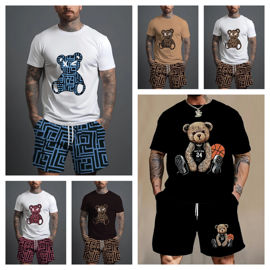 Conjunto de 2 piezas de camiseta y pantalones cortos con estampado de oso de moda para hombre, pantalones de playa para deportes al aire libre de manga corta para uso diario de verano