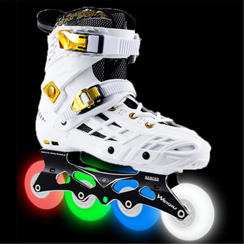 Patines WEIQIU 3 ruedas 100 mm/4 ruedas 76 mm 80 mm múltiples patines en línea zapatillas con LED Flash Shine patinaje neumático negro blanco oro