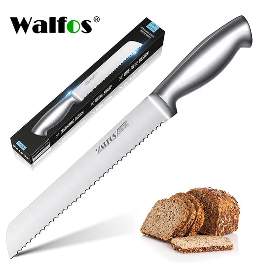 Cuchillo dentado para rebanar pan de acero inoxidable WALFOS, mango de una pieza ultra afilado y hoja de 8 pulgadas, ideal para rebanar pan y bagels