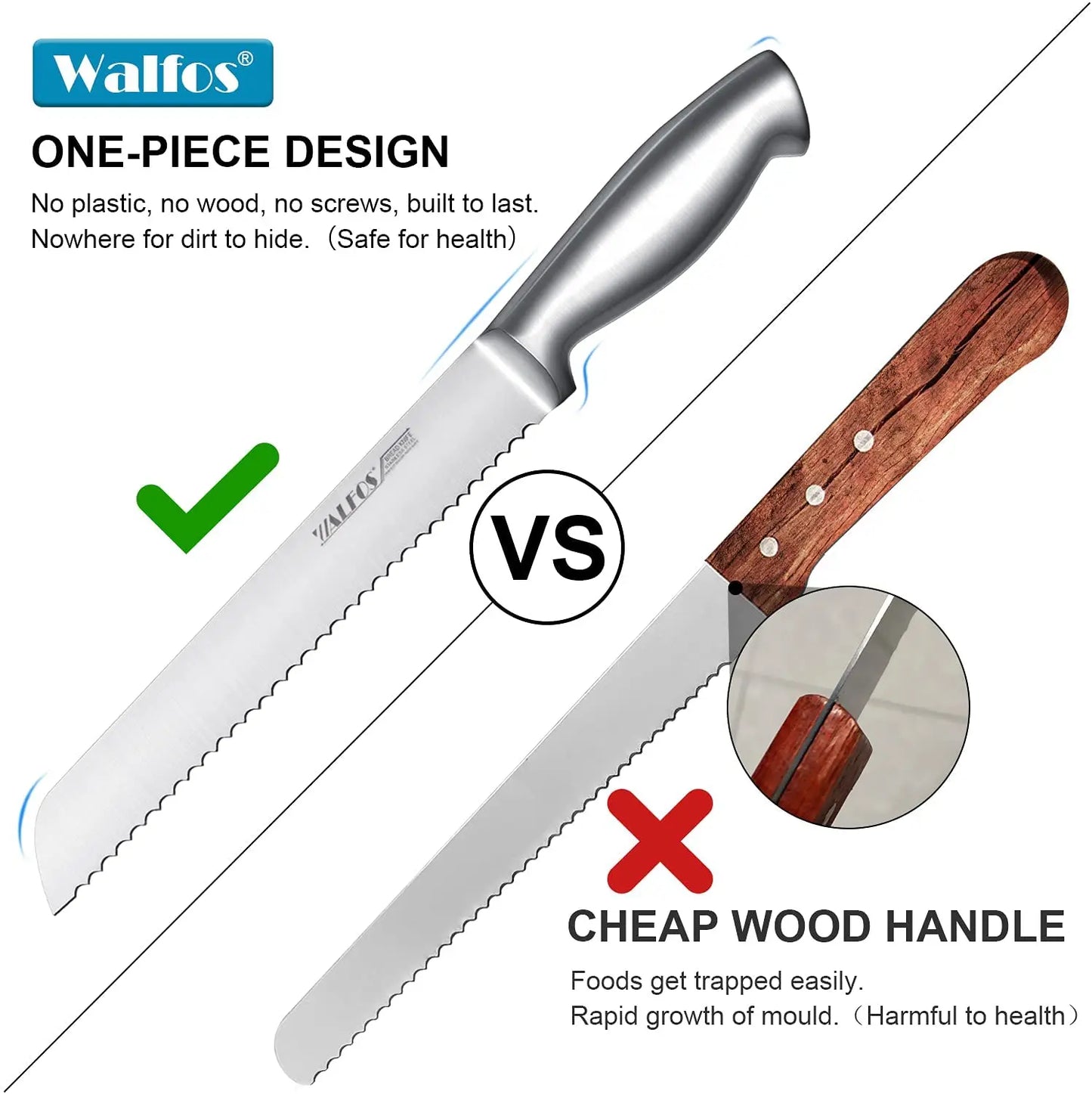 Cuchillo dentado para rebanar pan de acero inoxidable WALFOS, mango de una pieza ultra afilado y hoja de 8 pulgadas, ideal para rebanar pan y bagels