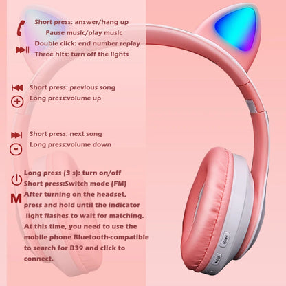 Auriculares inalámbricos con orejas de gato rosas, bonitos auriculares Bluetooth, estéreo, plegables, con micrófono, regalo musical para niñas y niños