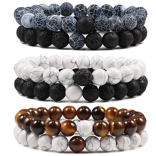 Juego de pulseras para parejas con distancia, color blanco y negro, piedra de lava natural, ojo de tigre, pulseras de yoga con cuentas para hombres y mujeres, joyería de cuerda elástica