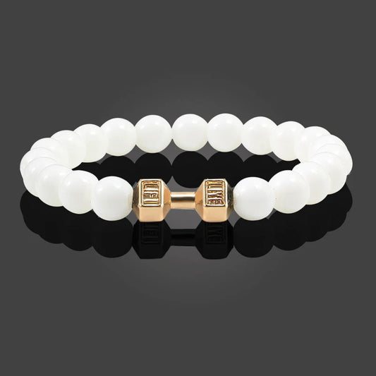 Pulsera de piedra volcánica natural para hombre, cuentas de lava negra mate y blanca, pulseras con hebras de mancuernas, joyería de fitness con barra para mujer