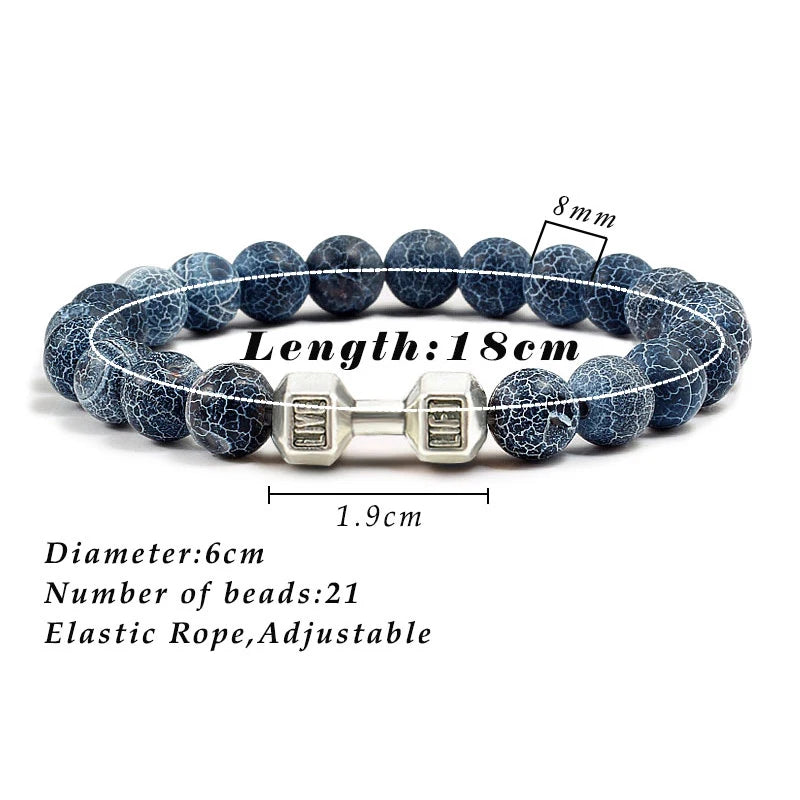 Pulsera de piedra volcánica natural para hombre, cuentas de lava negra mate y blanca, pulseras con hebras de mancuernas, joyería de fitness con barra para mujer