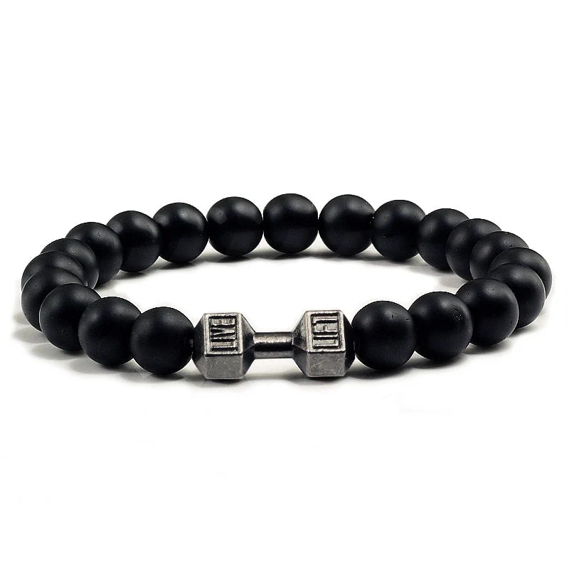 Pulsera de piedra volcánica natural para hombre, cuentas de lava negra mate y blanca, pulseras con hebras de mancuernas, joyería de fitness con barra para mujer