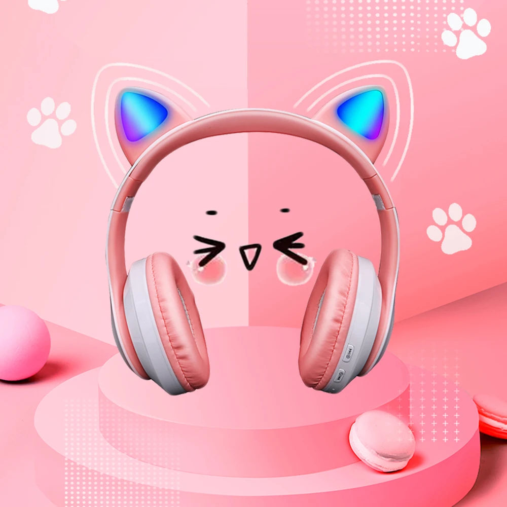 Auriculares inalámbricos con orejas de gato rosas, bonitos auriculares Bluetooth, estéreo, plegables, con micrófono, regalo musical para niñas y niños