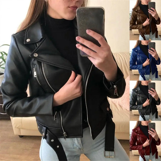 Chaqueta de piel sintética de Color liso para mujer, chaqueta de motociclista de otoño e invierno, abrigo de cuero impermeable para mujer, ropa para mujer