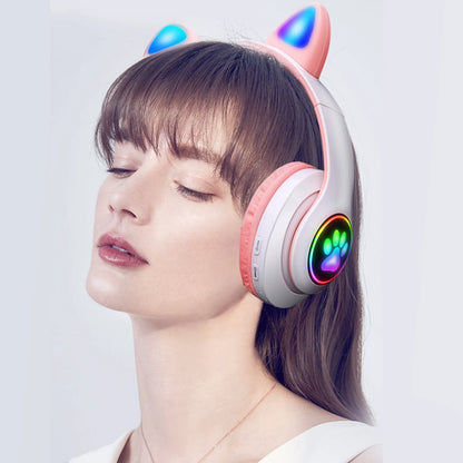 Auriculares inalámbricos con orejas de gato rosas, bonitos auriculares Bluetooth, estéreo, plegables, con micrófono, regalo musical para niñas y niños