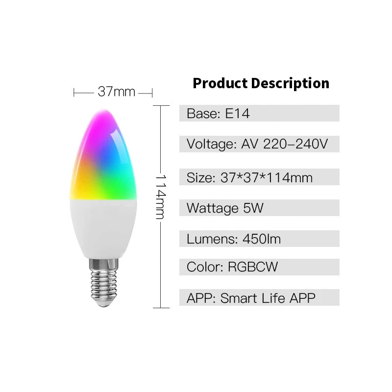 Lámpara de vela TUYA con Bluetooth, atenuación inteligente RGB + CCT E14, bombilla LED Smart Life, control por aplicación, compatible con 220-240V