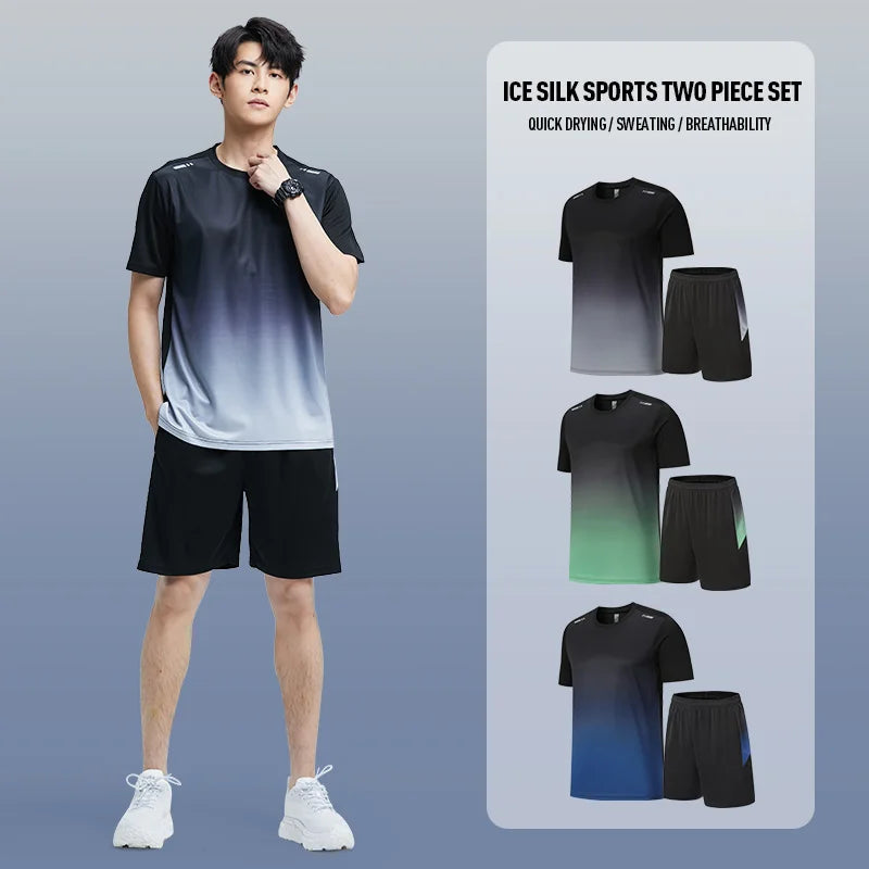 Ropa de fitness Conjunto de ropa deportiva de secado rápido de seda de hielo para hombre Camiseta de manga corta de verano para correr por la mañana Sala de entrenamiento de baloncesto