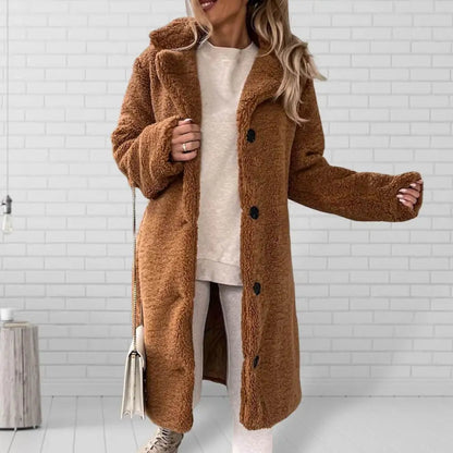 Abrigo de mujer de moda Otoño Invierno Gabardina de mujer Estilo largo Color puro Chaqueta de peluche de un solo pecho a prueba de viento