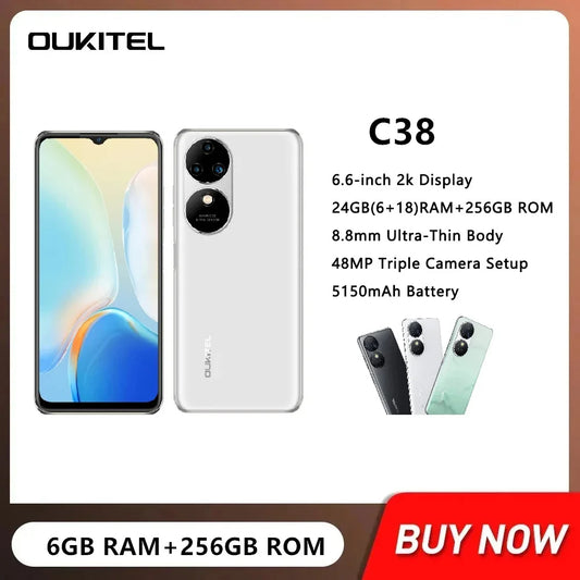 OUKITEL-teléfono inteligente C38, smartphone 4G barato con pantalla FHD de 6,6 pulgadas, Octa Core, 6GB + 256GB, Android 13, batería de 5150mAh, cámara de 48MP