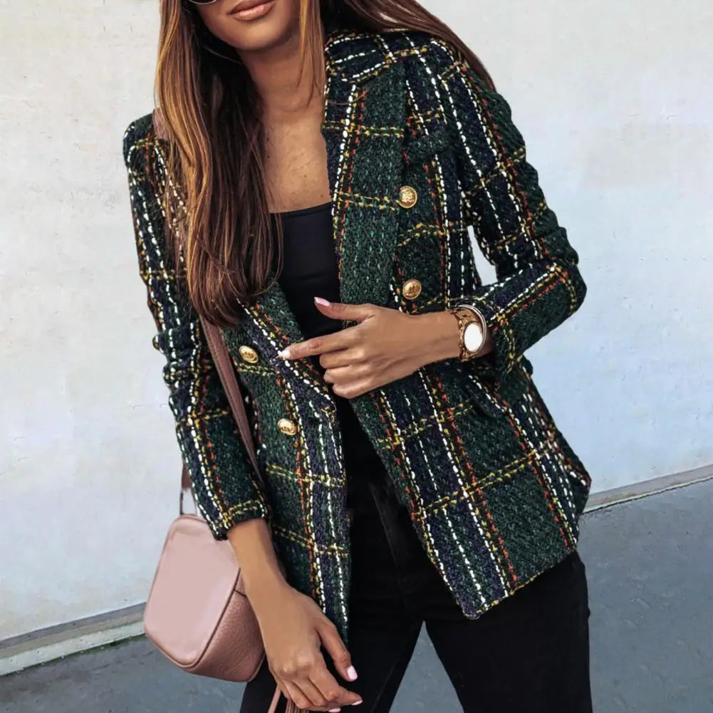 chaquetas blazer de mujer con estampado de cuadros y solapa de manga larga, chaqueta de otoño, cárdigan grueso cruzado, abrigo formal de negocios de invierno para mujer