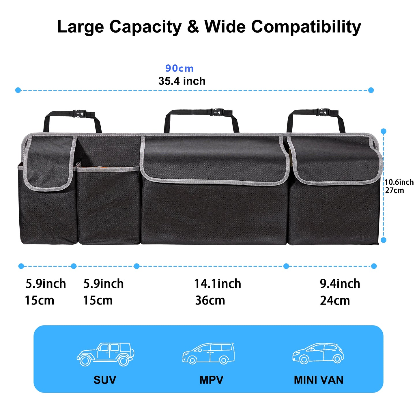 Organizador de maletero de coche para SUV, organizador colgante para asiento trasero de camión, MPV, bolsas de almacenamiento de asiento trasero mejoradas con 4 bolsillos de 39x14 pulgadas