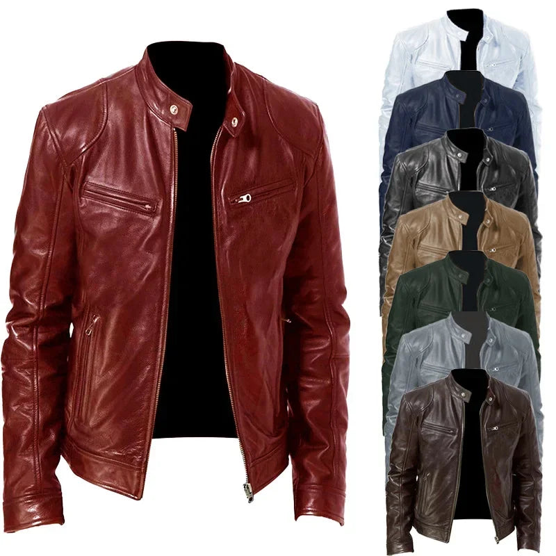 Chaqueta de cuero para hombre, otoño invierno, para negocios, con cremallera cálida, bolsillo tipo cárdigan, chaqueta de cuero PU, cuello alto, abrigo ajustado