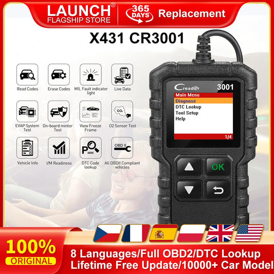 LAUNCH-herramienta de diagnóstico automotriz X431 CR3001, autoescáner OBD2 completo, multilingüe, revisión de motor, actualización gratuita, PK KW850