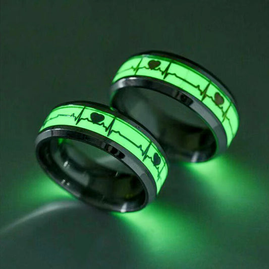 Anillos luminosos con forma de corazón de amor a la moda, anillos fluorescentes con latidos del corazón de acero de titanio y ECG para adolescentes, regalos para niños y niñas