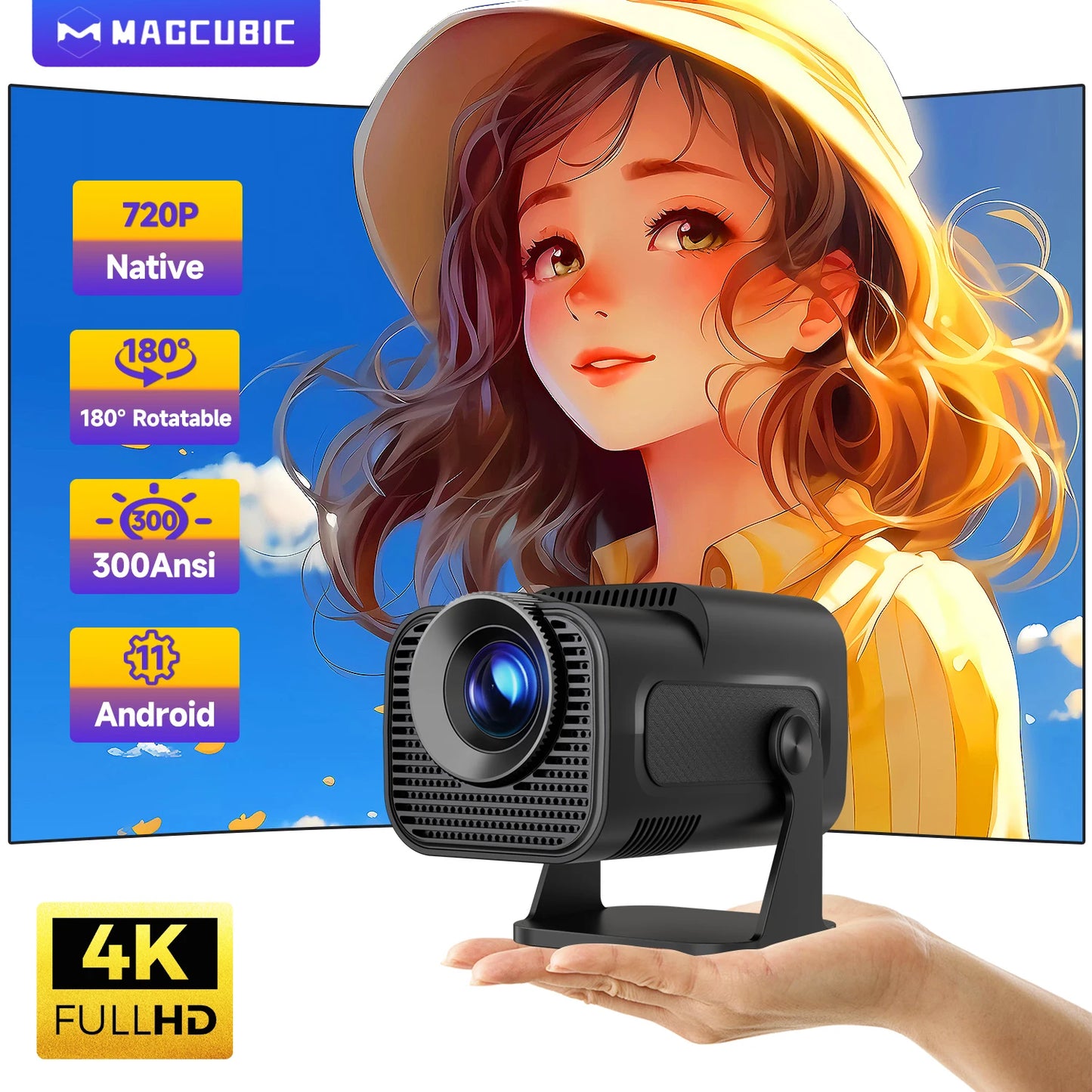 Proyector portátil para exteriores Magcubic HY320 Mini con Android 11, 4K, 720P, 300ANSI, Wifi6, BT5.0, giratorio de 180°