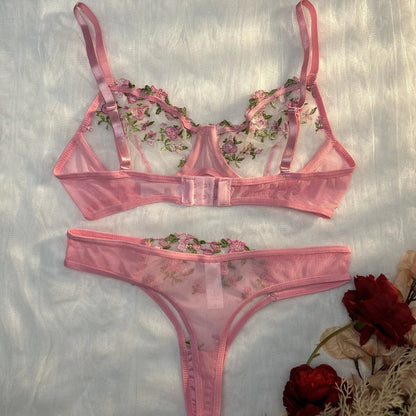 Lencería Sexy rosa para mujer, ropa interior transparente de encaje, conjuntos de bragas con bordado de hadas, sujetador delicado, conjuntos de bragas eróticas