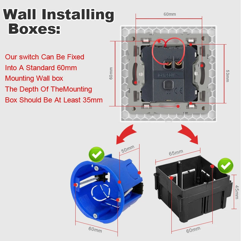 Interruptor de luz de pared con indicador LED, panel de vidrio templado estándar de la UE, 1 unidad, 1 vía, 1 unidad, 2 vías, 1 unidad, 3 vías, 2 unidades, 1 vía, 2 unidades, 2 vías