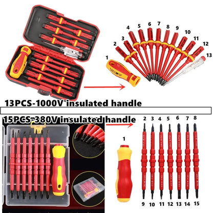 Juego de destornilladores aislados intercambiables y brocas ranuradas magnéticas, herramientas de reparación de electricista, 15 piezas, 380V/13 piezas, 1000V,