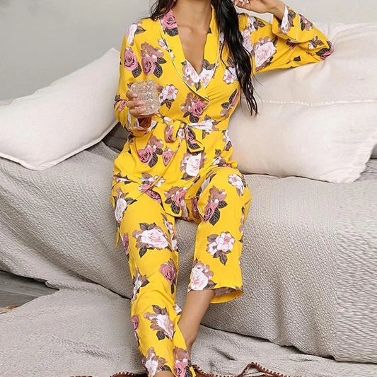 Conjunto de Pijama corto de flores para Mujer, ropa de dormir femenina, color amarillo