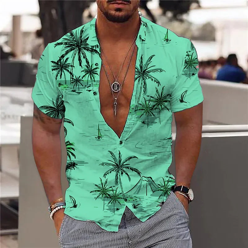 Camisas de cocoteros  para hombre, camisa con estampado 3D para hombre, camisetas de playa de manga corta  blusa de moda para hombre, camisa