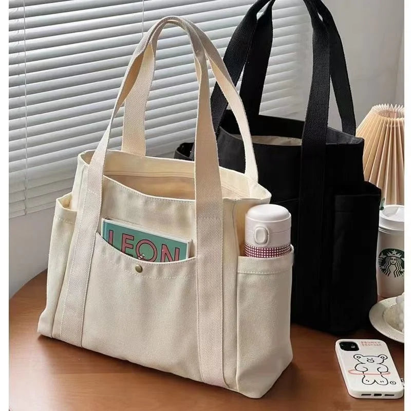 Bolso de mano de lona de gran capacidad con letras sólidas, bolso versátil para ir al trabajo, clase de estudiante, bolso de compras para mujer