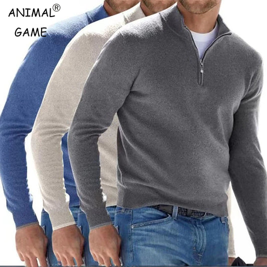 Suéter de otoño para hombre, cálido, de color liso, con media cremallera, informal, ajustado, con cuello en V, de manga larga, para hombre, top de invierno