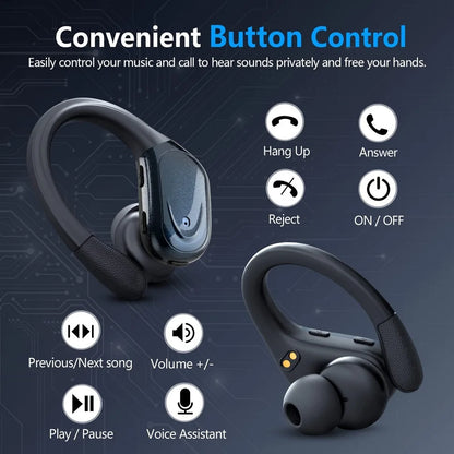 Auriculares Bluetooth 5.3, auriculares verdaderamente inalámbricos con micrófono, control de botón, reducción de ruido, ganchos para la oreja, auriculares impermeables para deportes