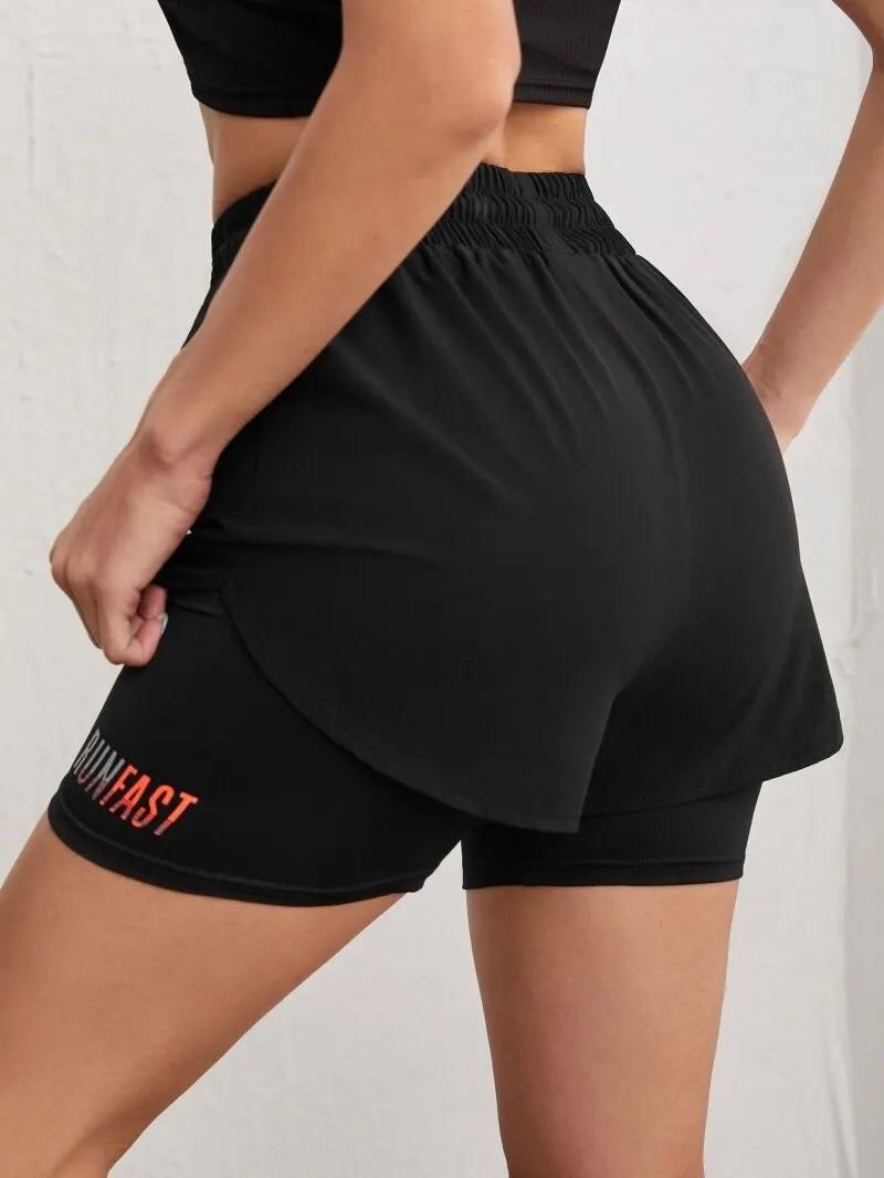 Pantalones cortos de yoga de tiro alto para mujer con control de proximidad elástico, pantalones cortos para correr, pantalones falsos de dos piezas