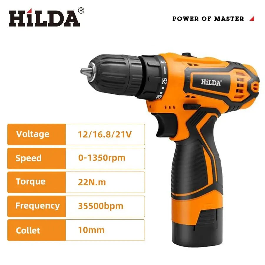 HILDA-Taladro Inalámbrico de 12V, 16,8 V y 21V, destornillador eléctrico, minicontrolador de potencia, CC, batería de iones de litio, herramientas eléctricas