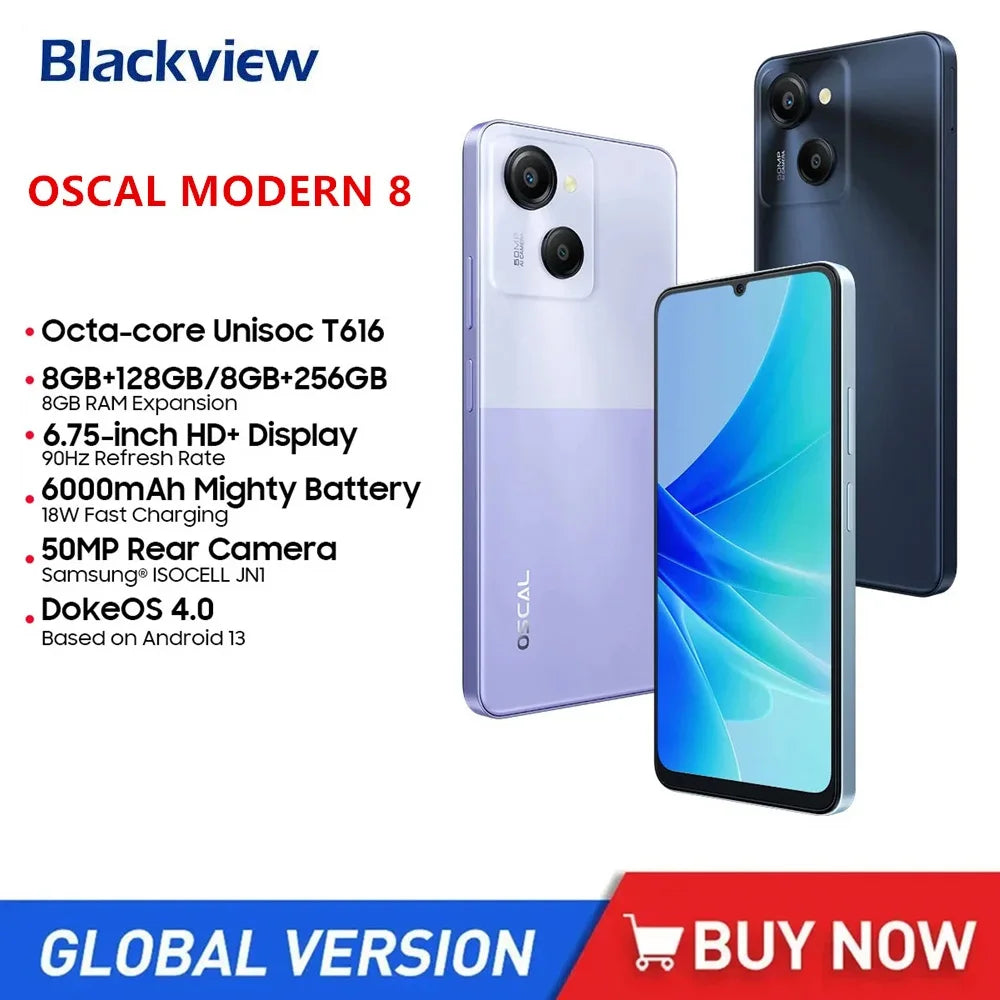 Blackview-teléfono inteligente OSCAL moderno 8, 4G, 6,75 pulgadas, HD + Octa Core, 8GB + 256GB, cámara de 50MP, 6000mAh, carga rápida 18W