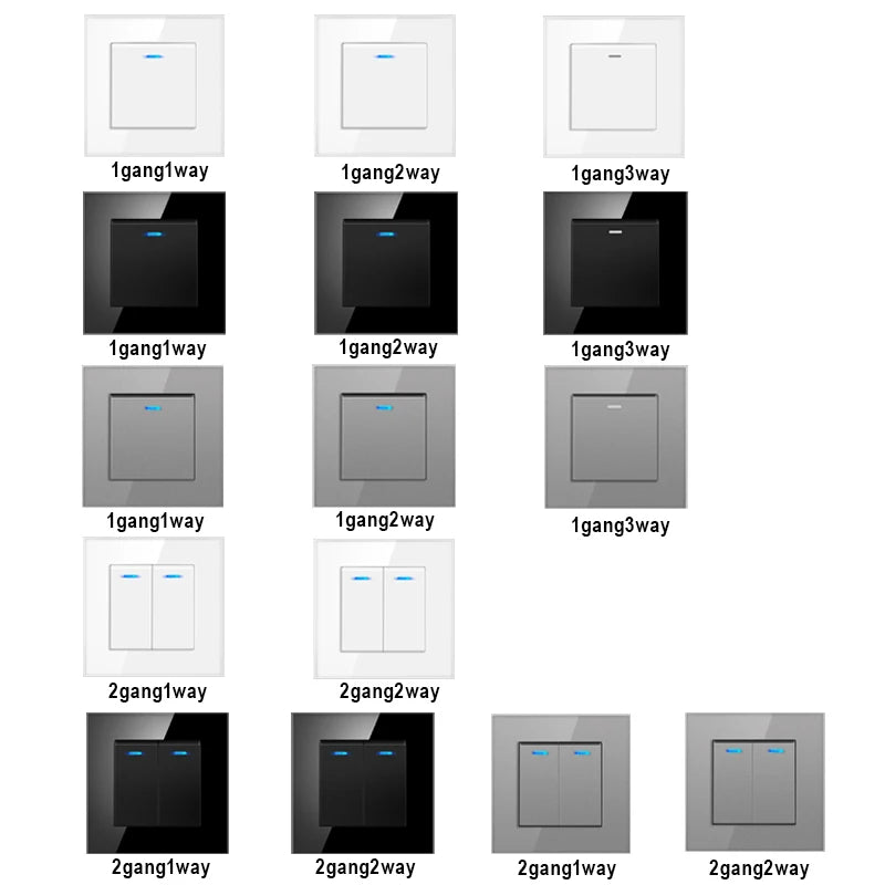 Interruptor de luz de pared con indicador LED, panel de vidrio templado estándar de la UE, 1 unidad, 1 vía, 1 unidad, 2 vías, 1 unidad, 3 vías, 2 unidades, 1 vía, 2 unidades, 2 vías
